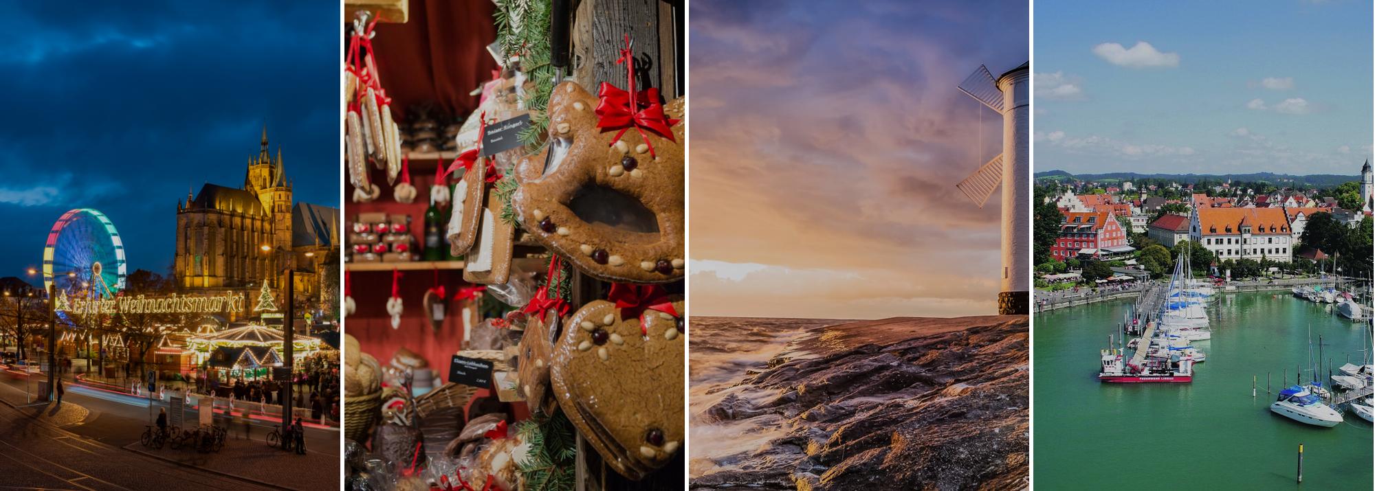 Collage: Weihnachtsmarkt Erfurt, Pfefferkuchen, Leuchtturm im Abendlicht und Lindau am Bodensee