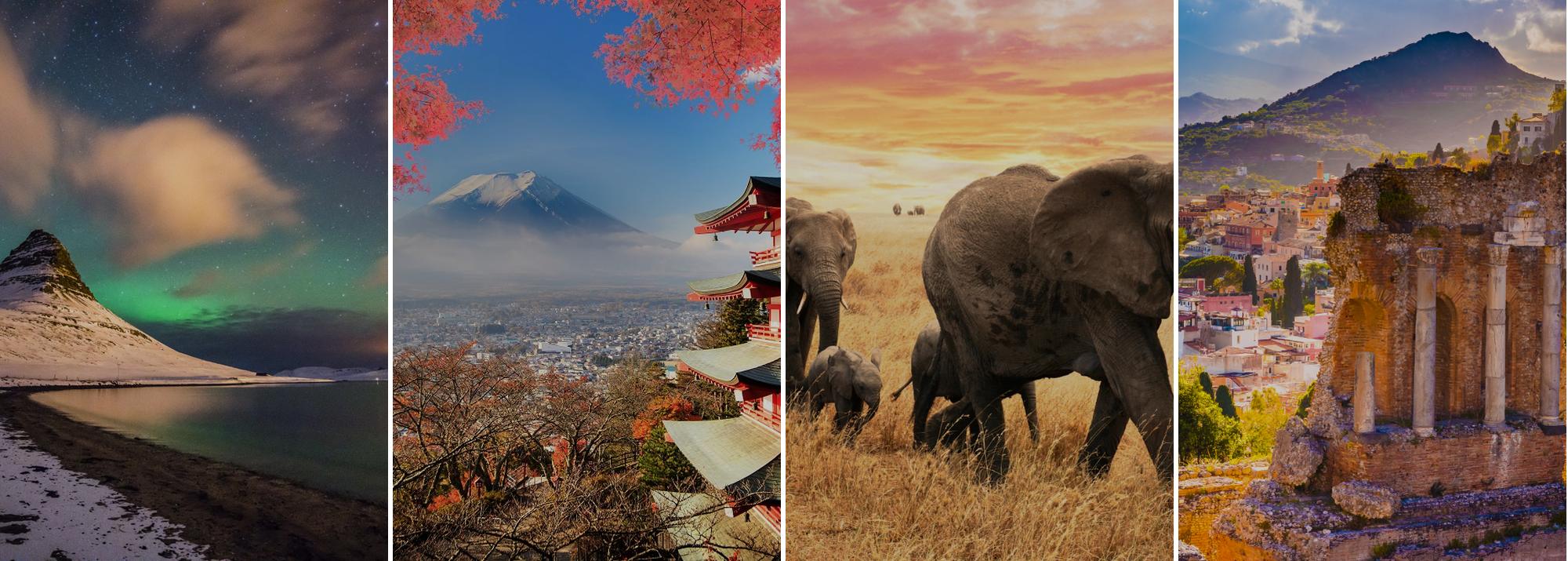 Collage: Nordlicht über Island, Japan mit Fuji, Elefanten in Afrika und Taormina