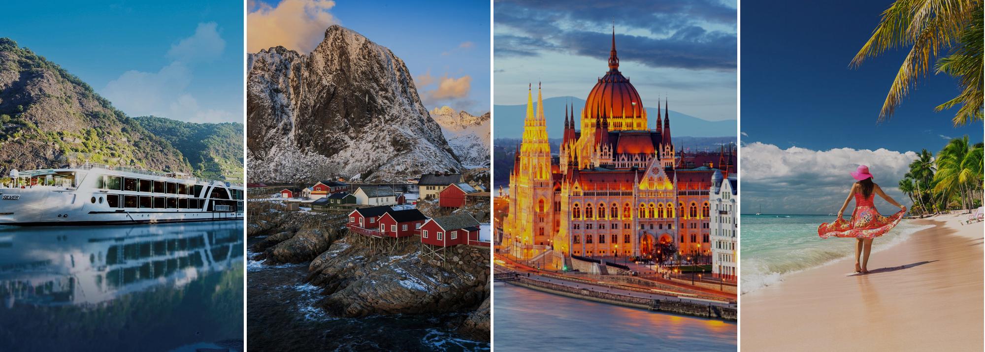 Collage: Flussschiff, Lofoten, Parlament Budapest und Karibikstrand