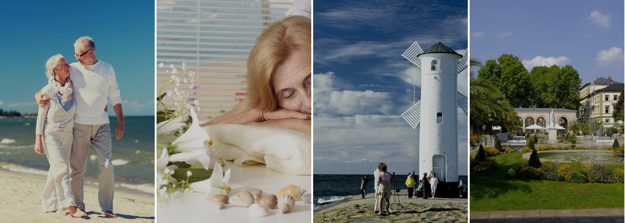 Collage: Paar am Ostseestrand, Massage, Mühlenbake Swinemünde und Kurpark