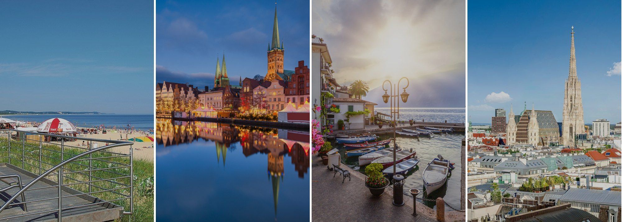 Collage: Ostseestrand, Lübeck im Advent, Gardasee und Wien