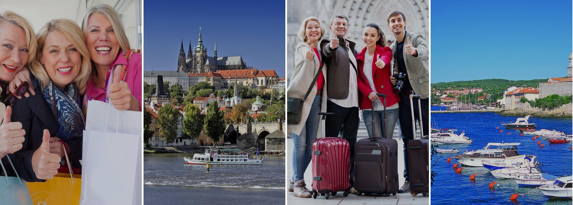 Collage: lachende Freundinnen beim Einkaufsbummel, Prag mit Moldau, Reisegruppe mit Koffern und die Insel Krk
