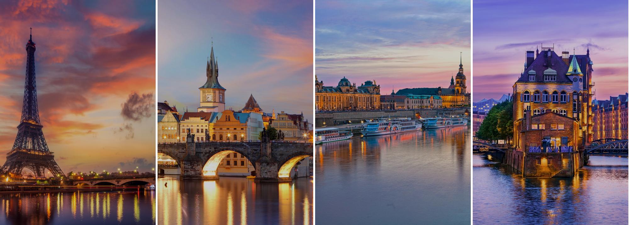 Collage: Eiffelturm, Karlsbrücke Prag, Dresdner Elbufer und Hamburger Speicherstadt