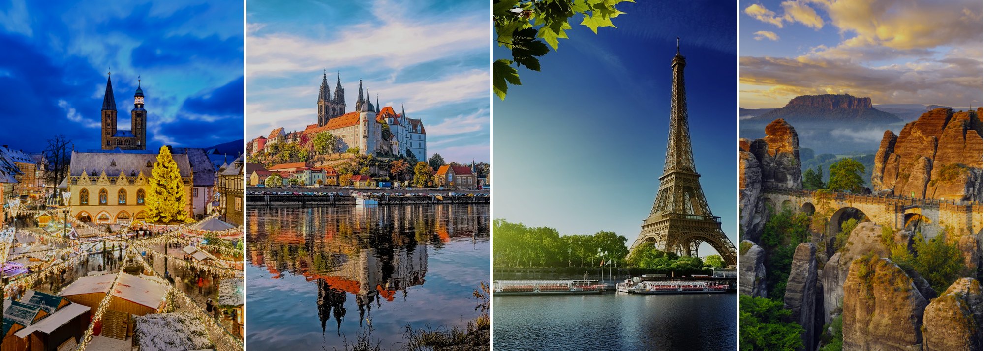 Collage: Weihnachtsmarkt Goslar, Meißen an der Elbe, Paris und Basteibrücke