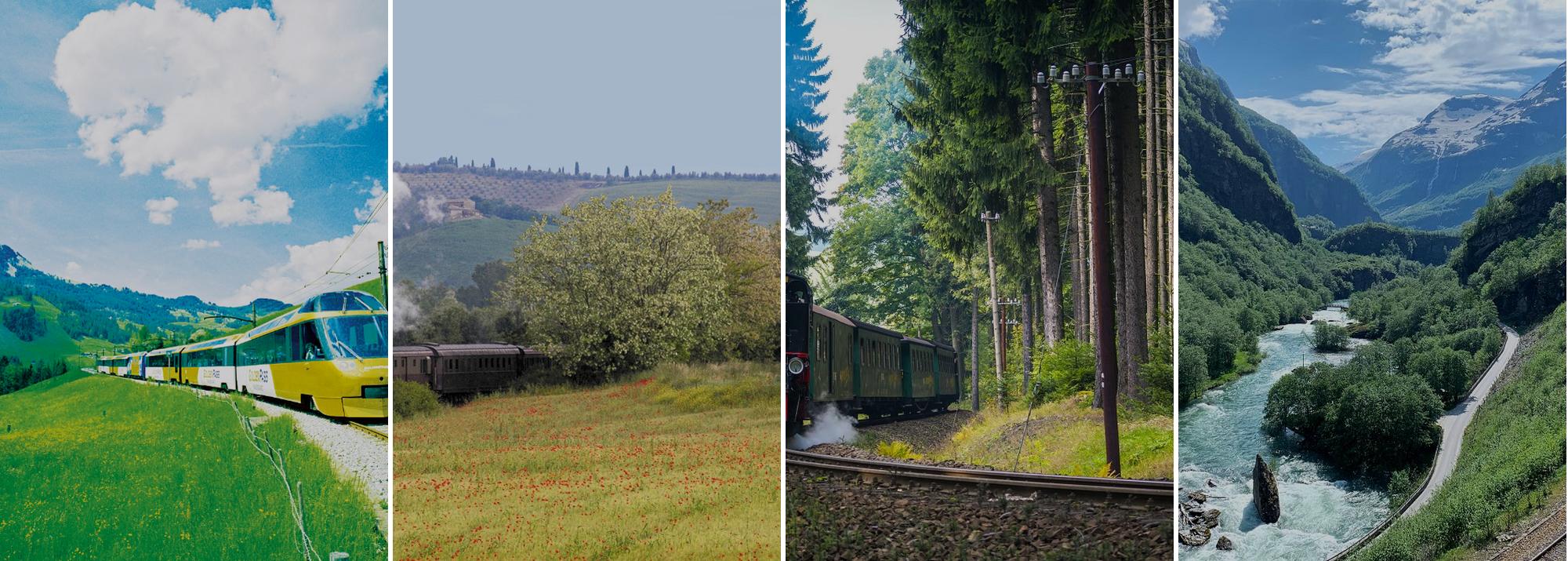 Collage: Panoramazug in den Alpen, Dampflok in der Toskana, Dampfzug im Wald und Bahn in Norwegen